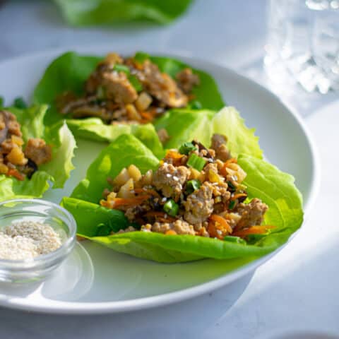 a white plate full of asian chicken lettuce wraps with sesame seeds and green onions