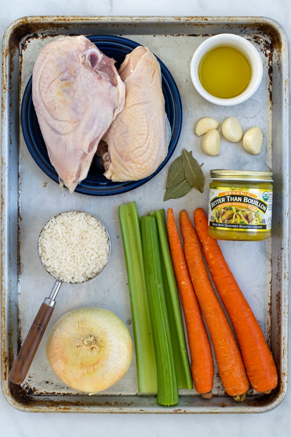 all of the ingredients needed to make chicken rice soup from scratch
