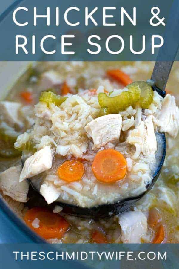 chicken and rice soup in a large black ladle