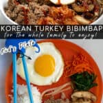 collage with an adult version and kid version of Korean turkey bibimbap