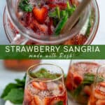 pitcher of strawberry sangria with basil