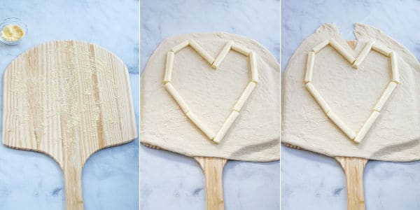 photos showing the first steps to make a pizza heart, rolled out dough and string cheese in a heart shape