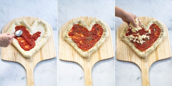 tomato sauce, Italian seasoning, mozzarella cheese being added to the pizza dough