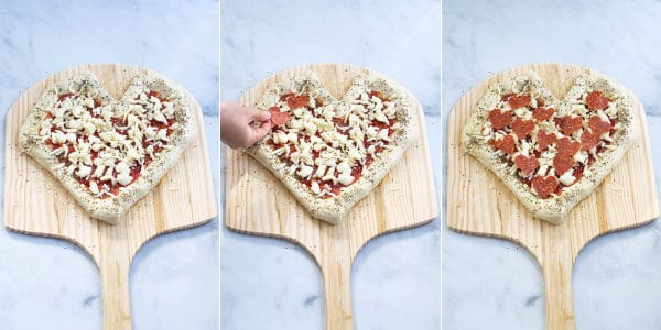 pepperoni hearts being added to the pizza dough and a photo of the pizza ready for the oven