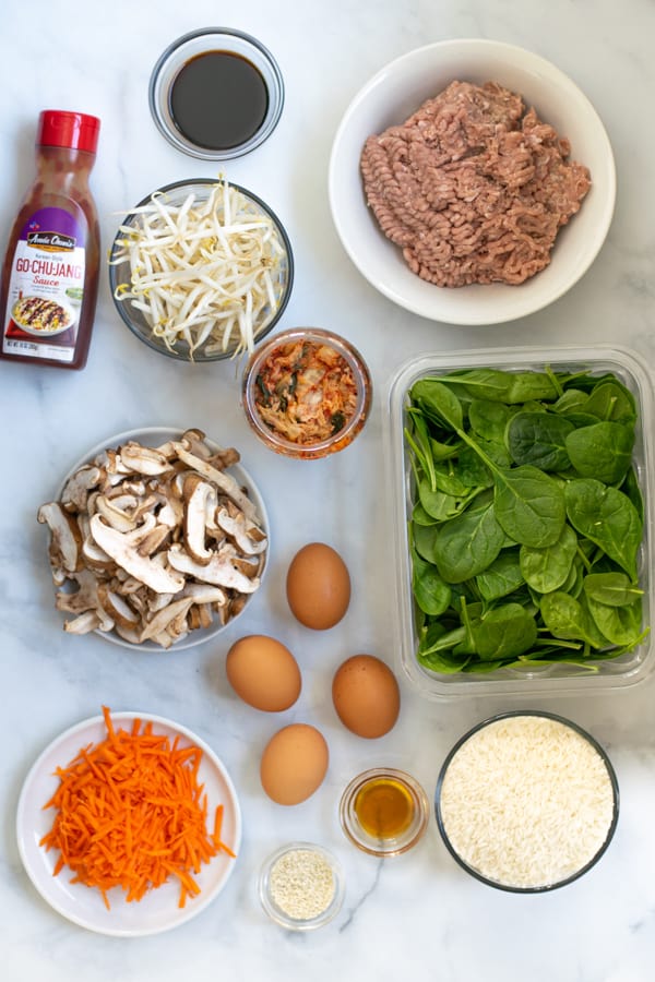all the ingredients needed to make Korean turkey bibimbap bowls