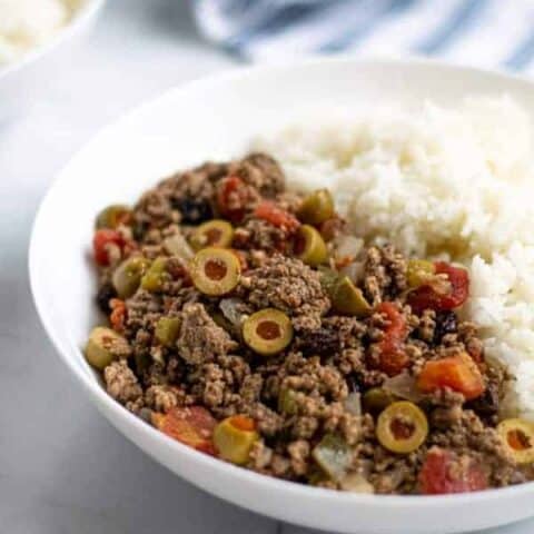 large bowl of cuban picadillo with rice
