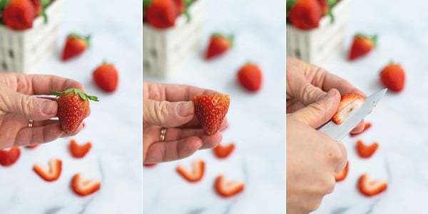 step by step pictures of a strawberry being cut so that it looks like a heart when sliced
