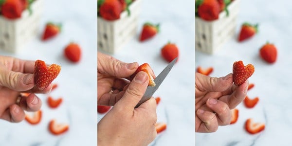 step by step pictures of carving a strawberry to prepare it for being sliced into a heart shape