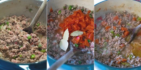 steps 1, 2, & 3 shown as the picadillo simmers away on the stovetop