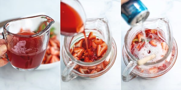 photos of homemade strawberry syrup and being poured into a pitcher with club soda