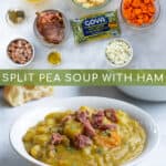 ingredients and final recipe of pressure cooker split pea soup with ham pinterest pin