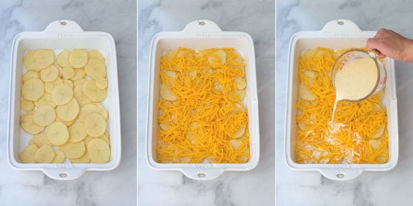 photos showing the steps for the first layer of potatoes, cream sauce, and cheese