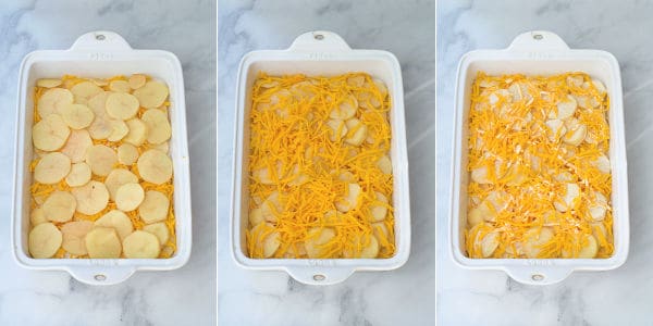 photos showing the 2 layering of potatoes, cheese, and cream sauce