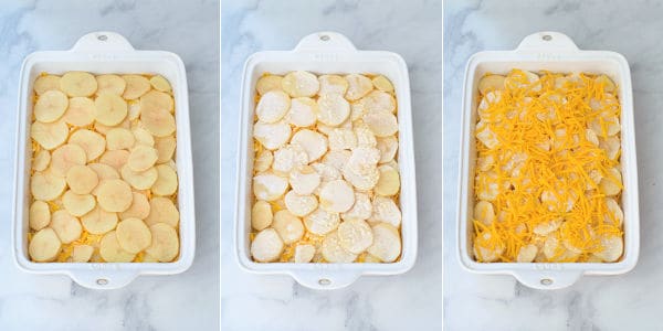 photos showing the final layering step of potatoes, cream sauce, and the shredded cheese
