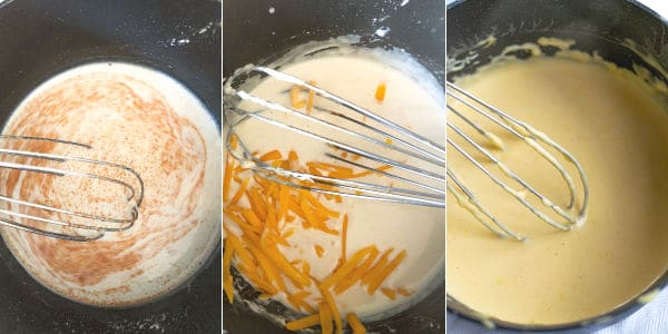 adding spices and cheese to the milk to make a creamy cheese sauce