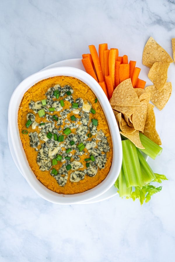 overhead shot of vegetarian Buffalo Chickpea Dip
