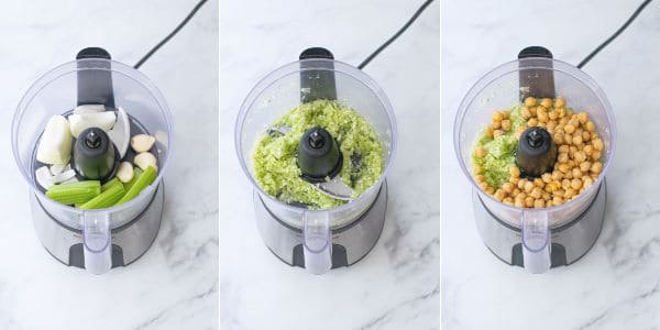 step by step photos of the vegetables being minced in the food processor and the chickpeas being broken down