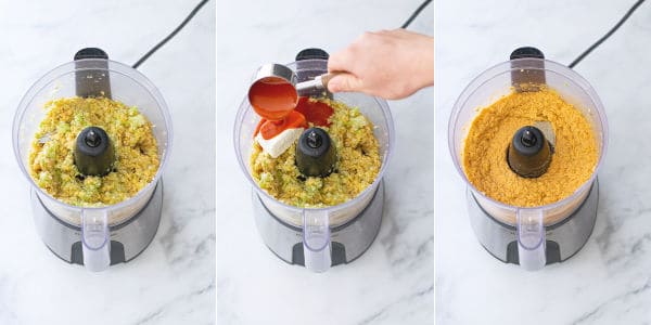 photos showing the steps of mincing all of the ingredients and adding cream cheese and buffalo sauce and blending until smooth