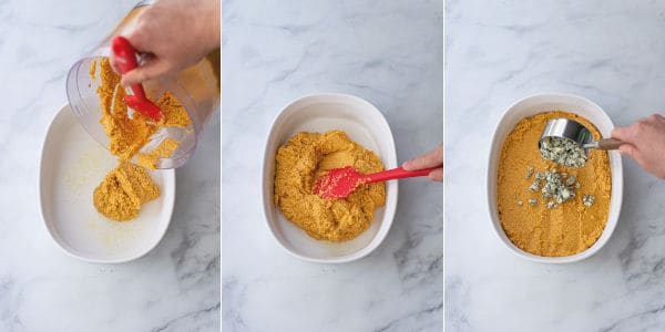 the steps before baking the dip, spreading the dip out into a baking dish and sprinkling with blue cheese