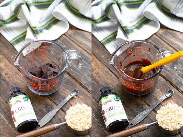 The first step to making Chocolate Mint Crunch Bar, melting the chocolate in a microwave safe bowl