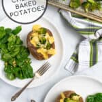 a pinterest pin showing two dinner plates with broccoli cheese stuffed potatoes