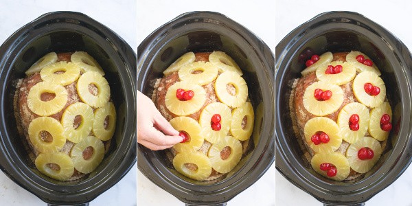 step by step pictures showing how the pineapple and cherries are placed on the ham in the slow cooker
