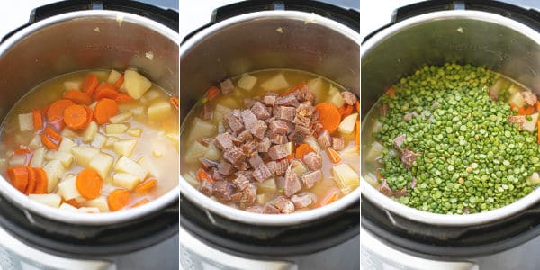 step by step photos of adding the veggies, broth, peas, and diced ham to the pot