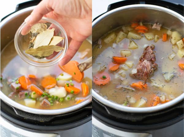 step by step photos of adding the spices and the ham bone to the pot