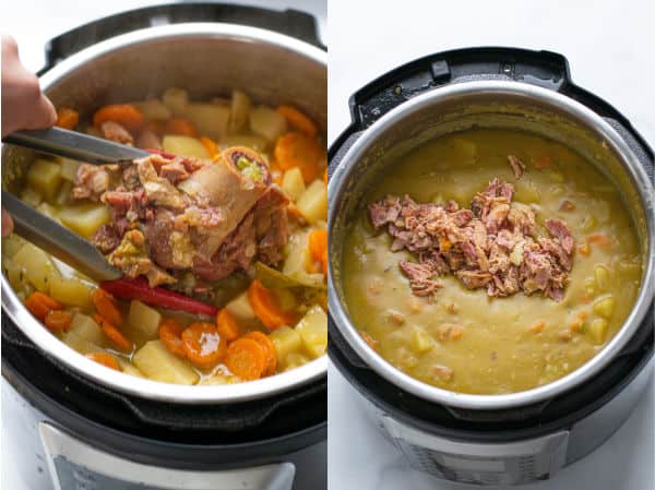 taking the ham bone out of the pot after cooking and adding back in any meat that came off the bone