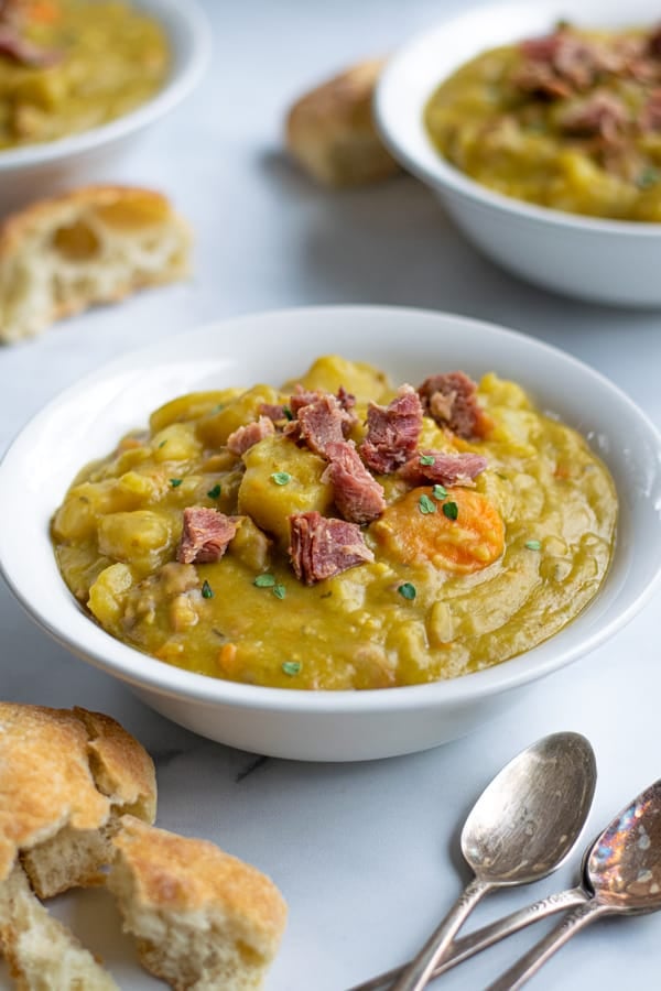close up of pressure cooker split pea soup with ham in a bowl