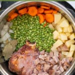 a pinterest pin with title showing split pea soup ingredients in the pot of a pressure cooker