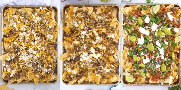steps of making the nachos before they go in the oven, after they are baked in the oven, and after they are topped with toppings
