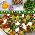leftover Carnitas Nachos Pinterest Pin with a sheet pan of nachos with cheese and toppings