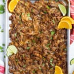a pinterest pin showing a sheet pan full of crockpot carnitas recipe
