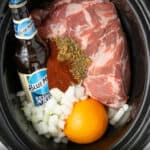 pinterest pin showing the ingredients needed to make crockpot carnitas