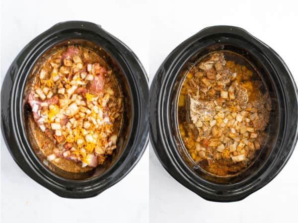 a photo showing the crockpot contents before it is cooked and after it is cooked