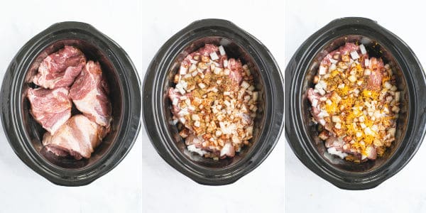 step by step photos for slicing and placing the pork in the crockpot, the onions & spices, and orange in the crockpot