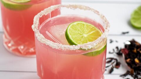 a glass of the best hibiscus margarita recipe with a salted-rim and a slice of lime