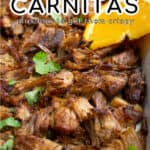 Slow Cooker Carnitas Pinterest Pin showing crispy carnitas up close on a sheet pan