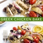 two photos making up a Pinterest Pin for Greek Chicken Bake
