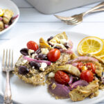 Greek Chicken Bake Pinterest Pin with toppings and quinoa all baked in one dish