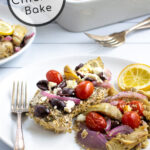Pinterest Pin for Greek Chicken bake showing a baked chicken breast with greek toppings and quinoa