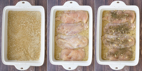 three photos of the first steps, adding quinoa, chicken, and spices to the bake