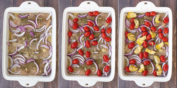 three photos showing step but step of adding onions, tomatoes, and artichoke hearts to the baking dish