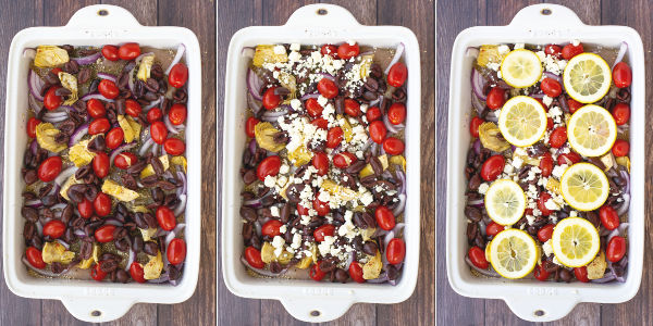 three photos showing the last steps of building the bake adding olives, cheese, and lemons