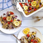 Greek Chicken Bake Pinterest Pin with two plates and a baking dish with Greek chicken