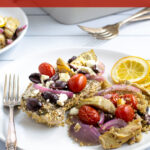 One Dish Greek Chicken Bake Pinterest Pin showing baked chicken breast on a plate with greek toppings and quinoa