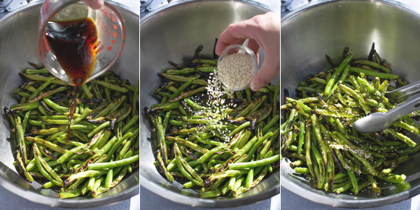 three photo collage showing the grilled and charred green beans being tossed with teriyaki sauce and sesame seeds and the beans in a tongs