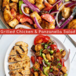Pinterest Pin for Grilled Chicken Panzanella Salad showing a white plate with a grilled chicken breast and a pile of panzanella salad