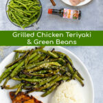 Pinterest Pin for Grilled Teriyaki Chicken showing two pictures, one of all the ingredients needed and one with the fully cooked meal on a white plate